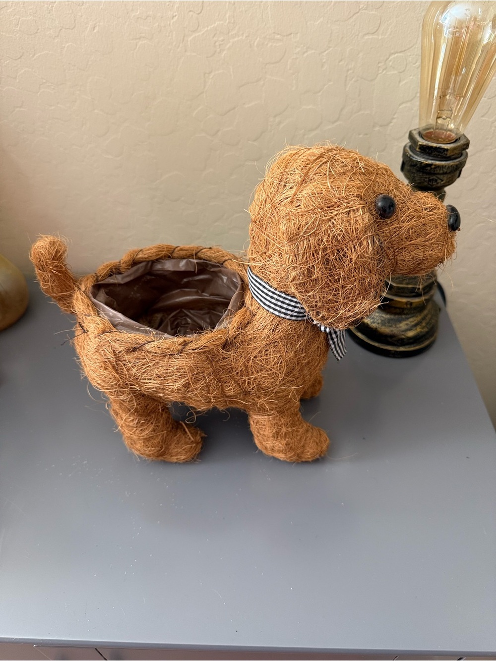 Decorative Brown Dog Planter with Check Ribbon